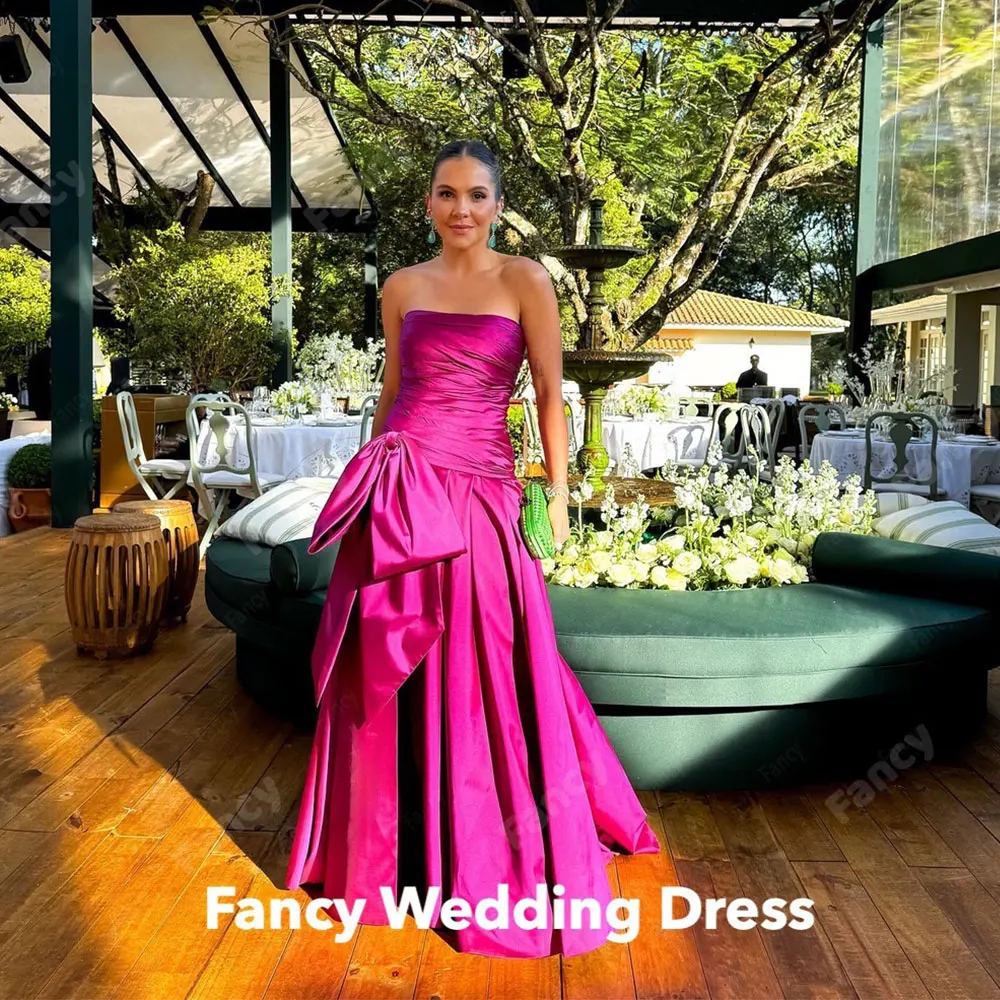 

Fancy Sexy Strapless Rose Red Evening Dress Sleeveless Saudi Arabia Taffeta Prom Gown A Line Floor Length Special Party Dresses