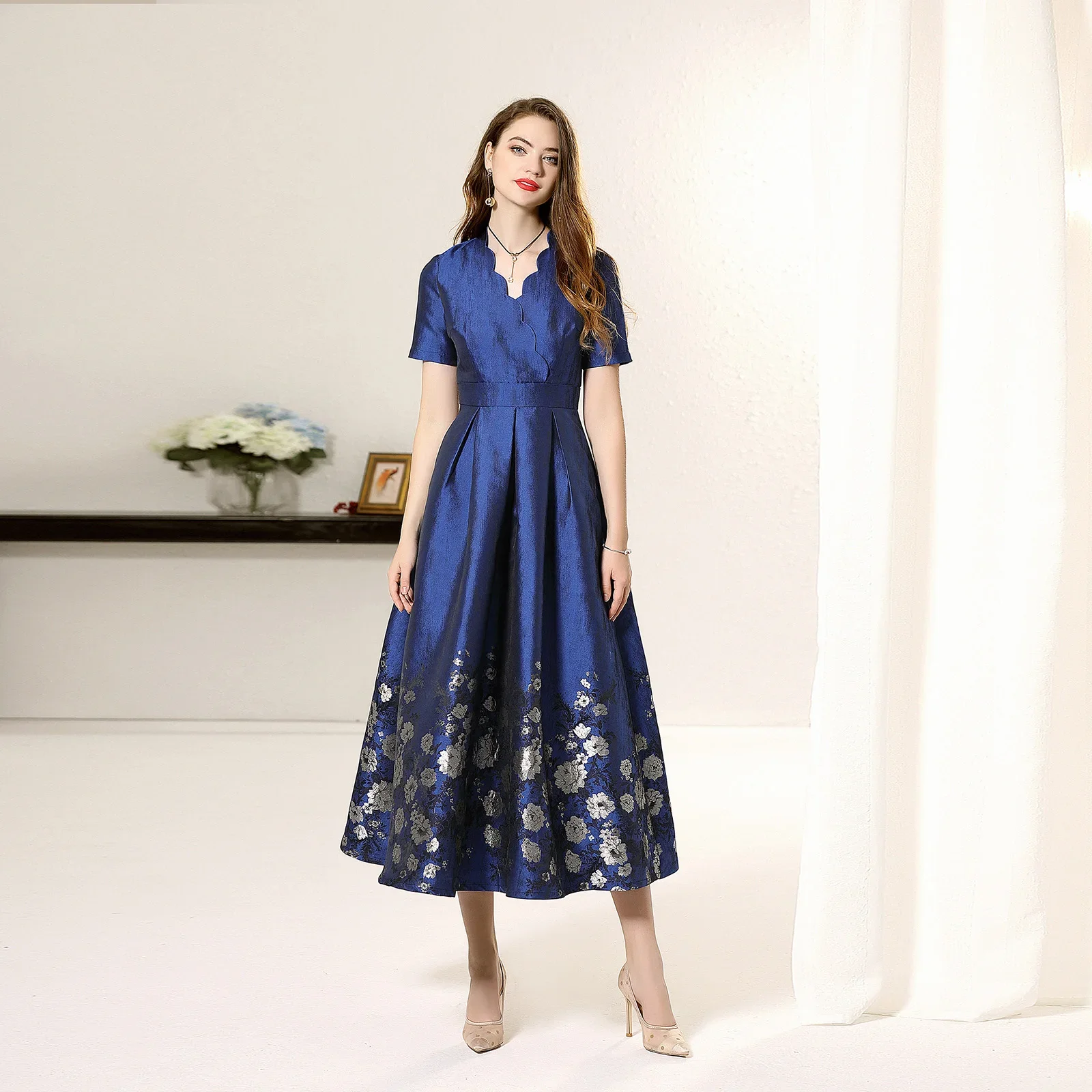 tailor shop custom made blue big dignified mother of the bride plus size dress wedding guest brocade dress