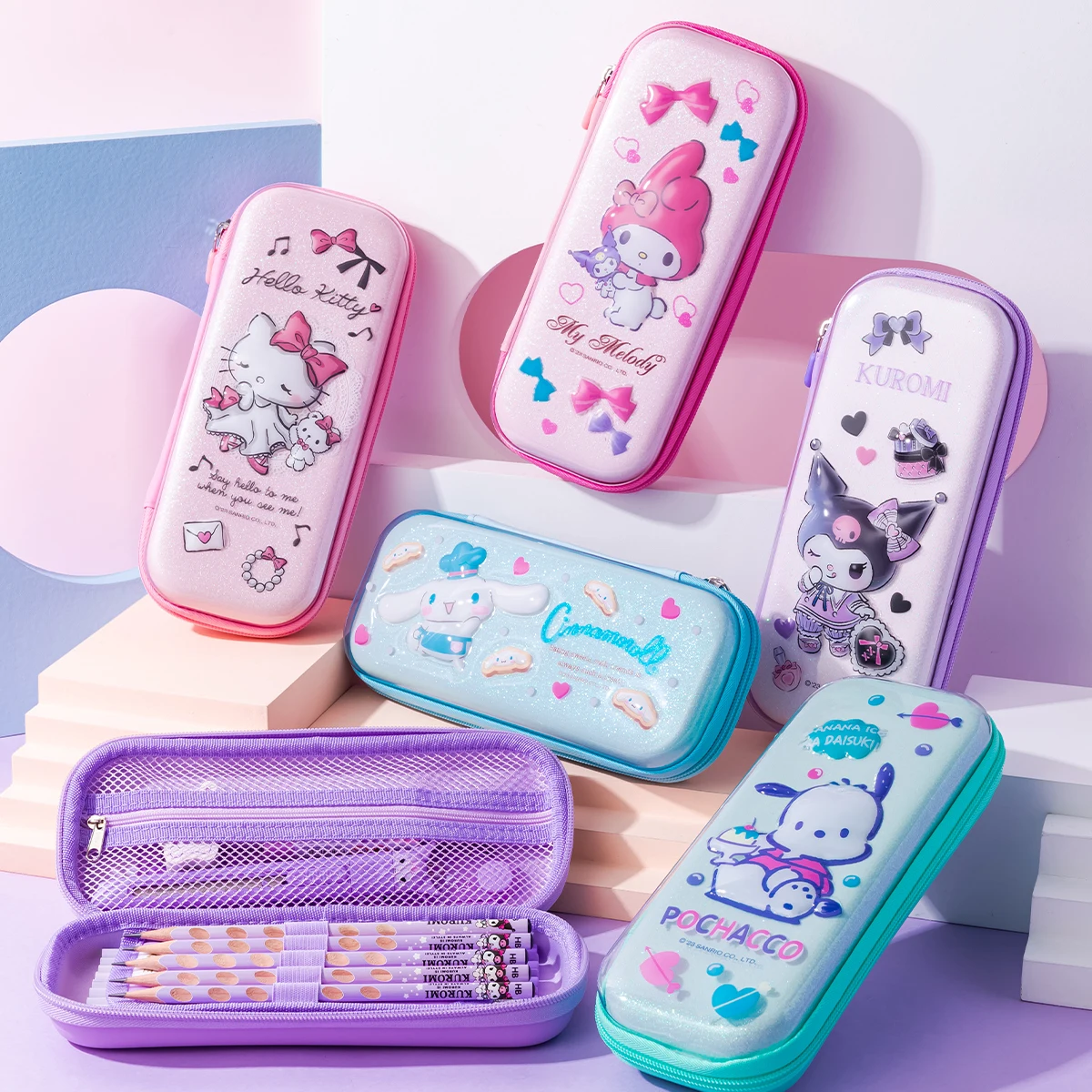 Cute Girly Heart Student Stationery Sanrio Stationery Box Large Capacity Layered Storage Space Melody Kuromi Shiny Pencil Case