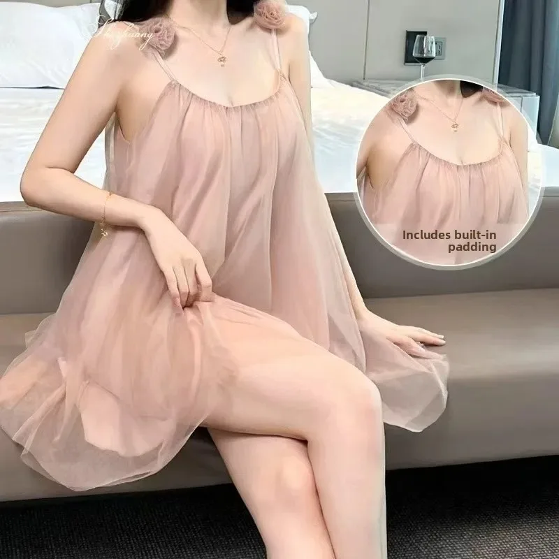 Sweet style halter nightgown with built-in bra and floral mesh nightgown for home wear Sexy Pure Desire Floral Lace off oulder