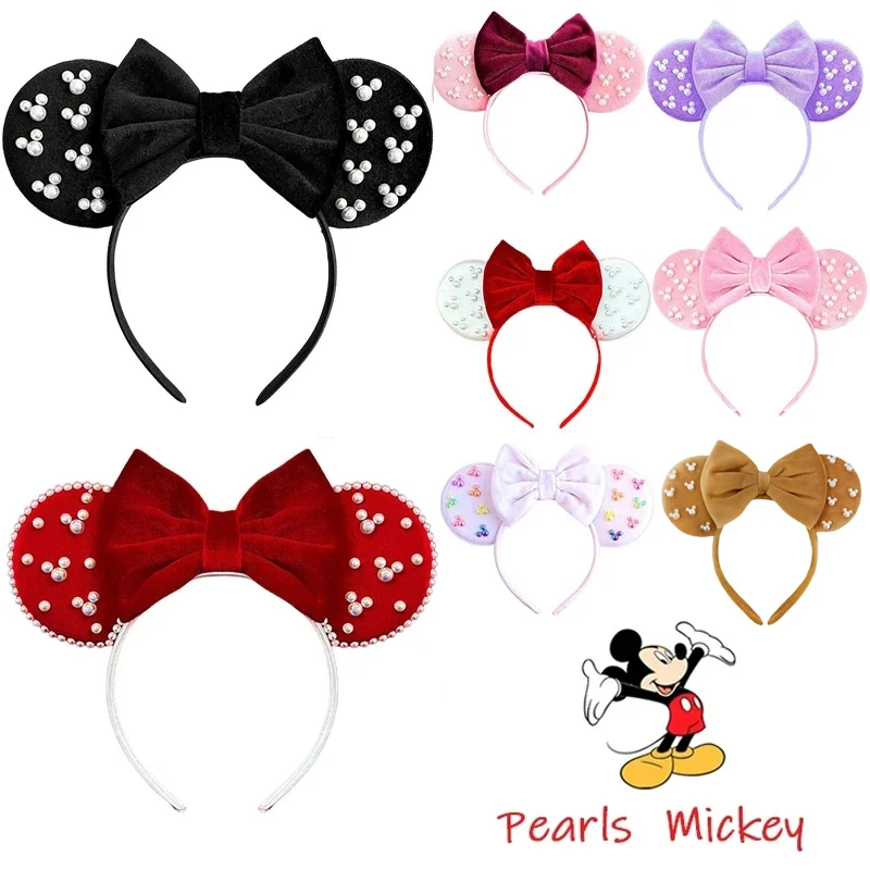 Opaska z Myszką Miki Kolory Miękka bawełniana kokardka Opaski do włosów Dziewczyny Disney Białe perły Dzieci Minnie Akcesoria do włosów dla kobiet Festiwal