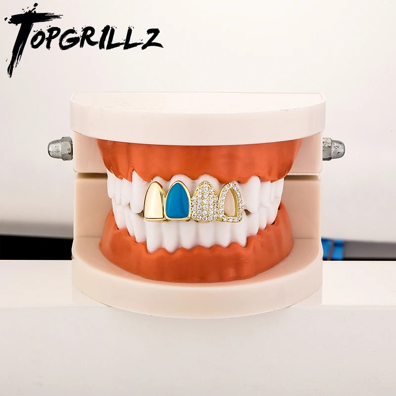 Topgrillz-Blue Drip Oil Grillz de dentes de zircão oco gelado CZ Stone Tooth Caps para mulheres e homens, joias na boca, hip hop