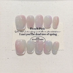 10Pcs Shiny Handmade Press on Nails Full Cover Cat Eye Colorful False Nails Short French Artificial Wearable Manicure Nail Tips