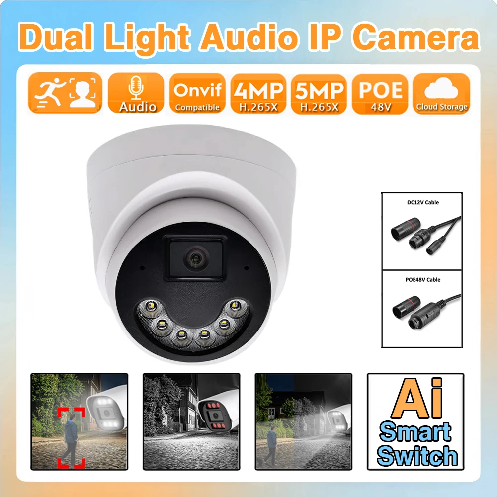 

Ultra Bright Semi Metal Indoor Dome IP POE Camera Mic Audio 5MP 4MP Night Vision Full Color Ai Dual Mode Xmeye White Light ONVIF