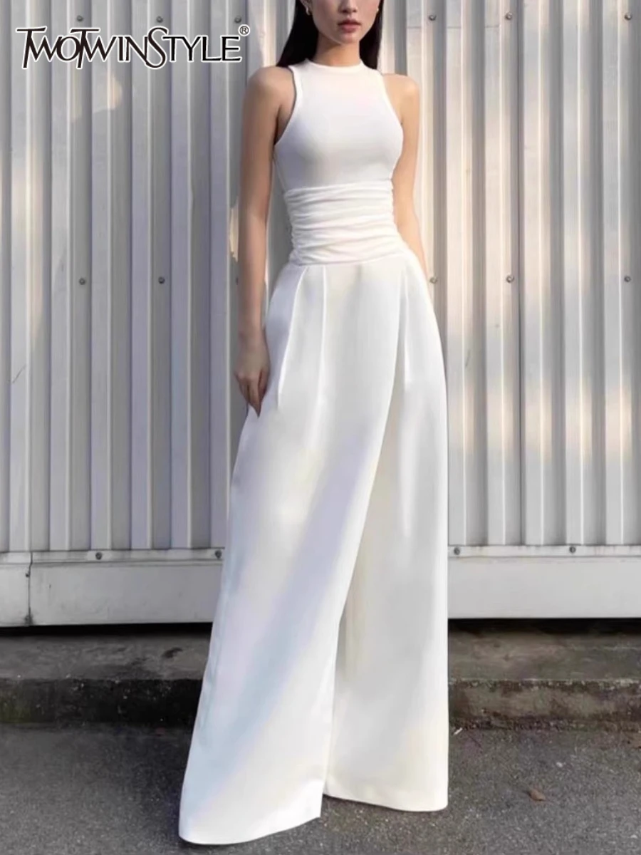 

TWOTWINSTYLE Solid Slimming Two Piece Sets for Wome Round Neck Sleeveless Spliced Folds Top High Waist Wide Leg Pants Set Female