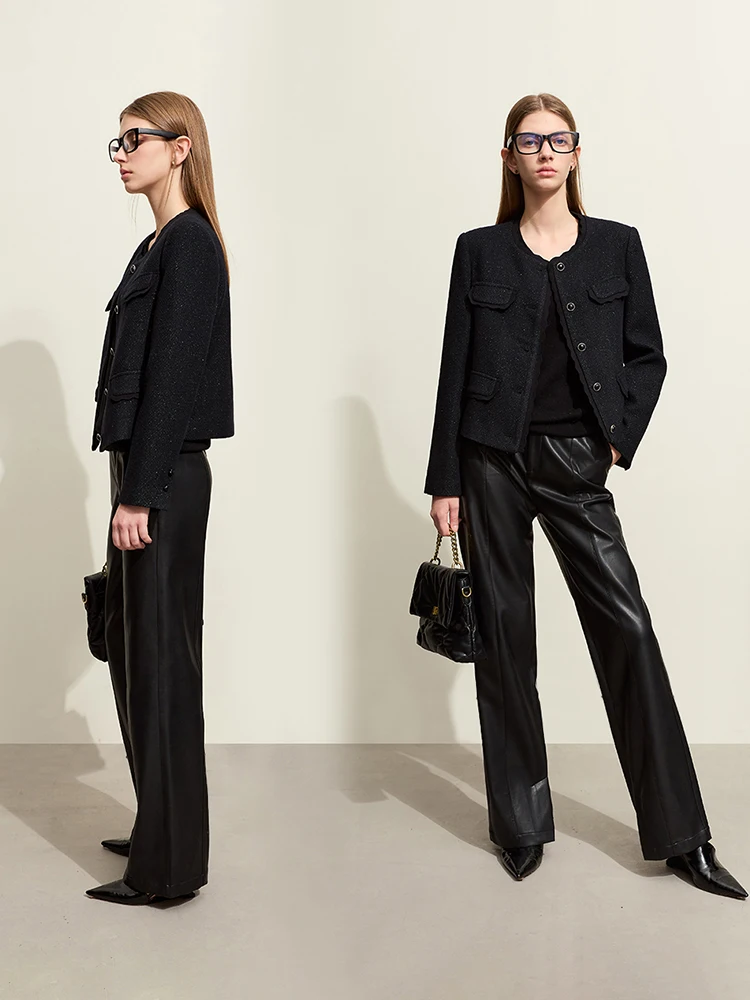 AMII سترة صوفية 2025 شتاء جديد أنيق س الرقبة مستقيم المرأة ملابس خارجية فضفاضة متموجة حافة المرأة كم طويل 12344217