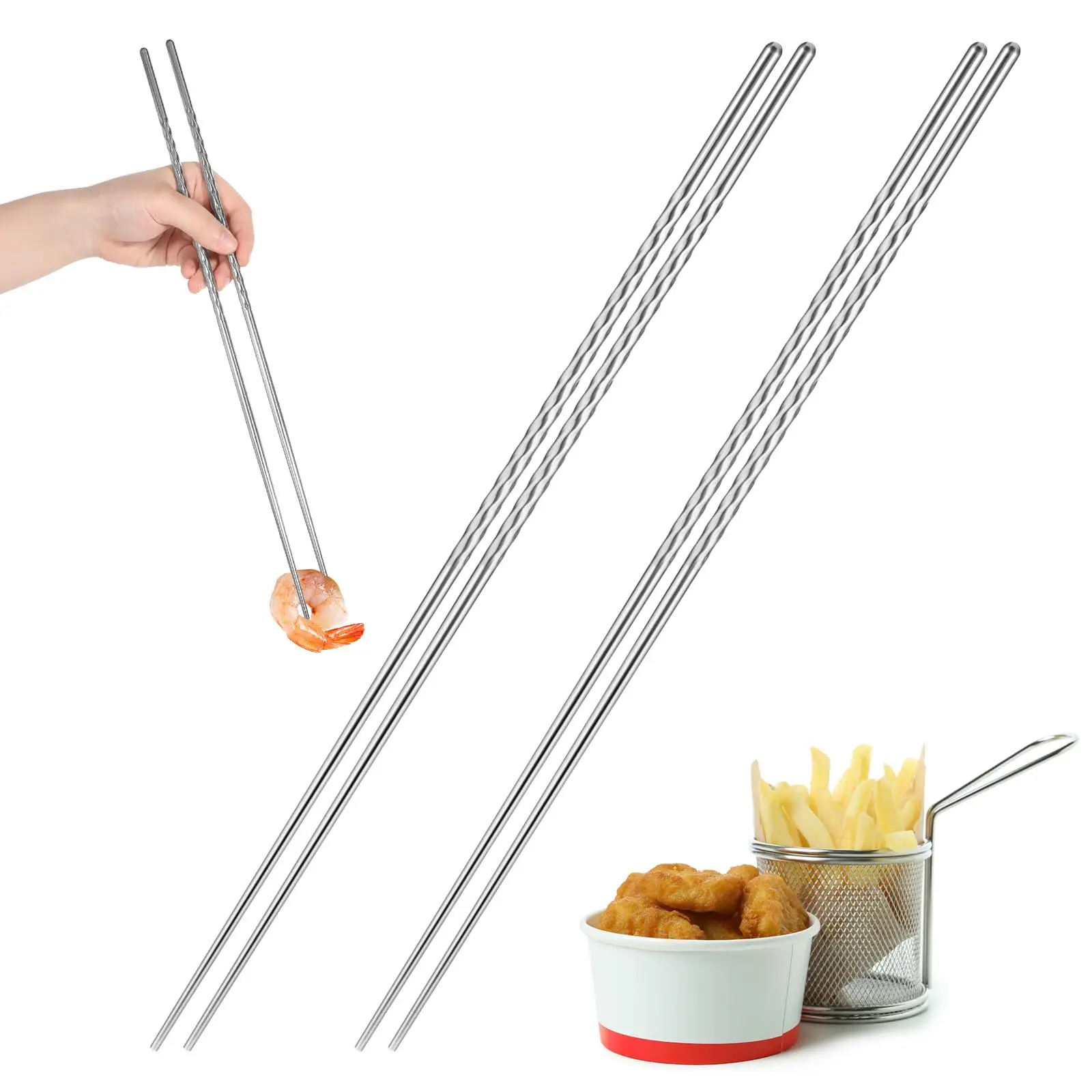 2 Pairs Extra Long Stainless Steel Cooking Chopsticks, Twisted Non Slip Metal Chopsticks, Anti-scald Deep Frying Chopsticks