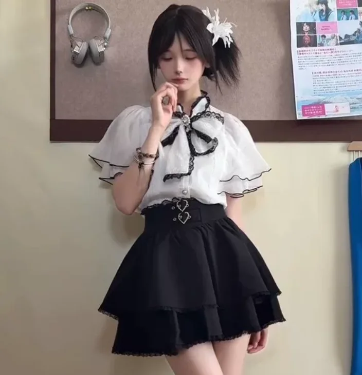 Japanese Girl Sweet Lace Bow Cape Ruffles Subculture Short Sleeve Shirt Fashion High Waist A-line Age-reducing Black Cake Skirt