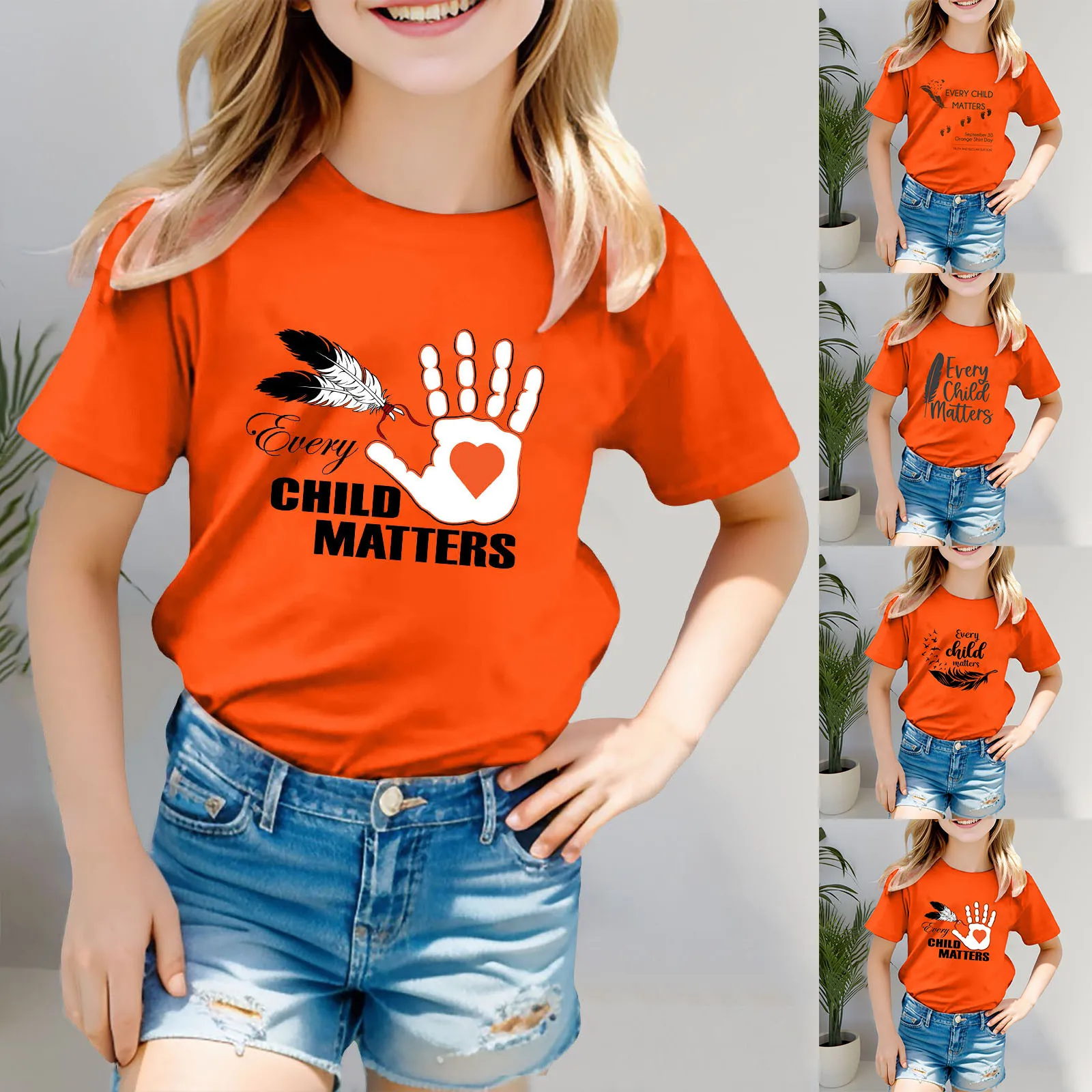 2024 Fashion Print Tee Orange Shirt For Kids Girls Short Sleeve Tee O-neck T Shirt Casual Fit  Comfy Shirts Non Sweat Undershirt