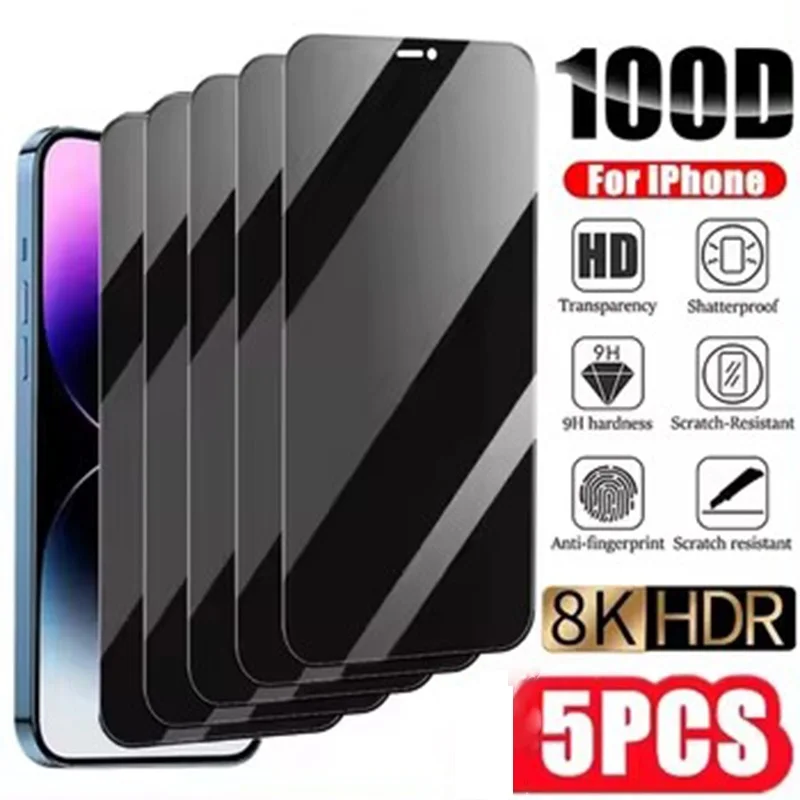 5Pcs Full Cover Privacy Screen Protector For iPhone 16 11 12 13 14 Pro Max Mini 8K Anti-spy Glass For iPhone 15 PRO XR X XS MAX