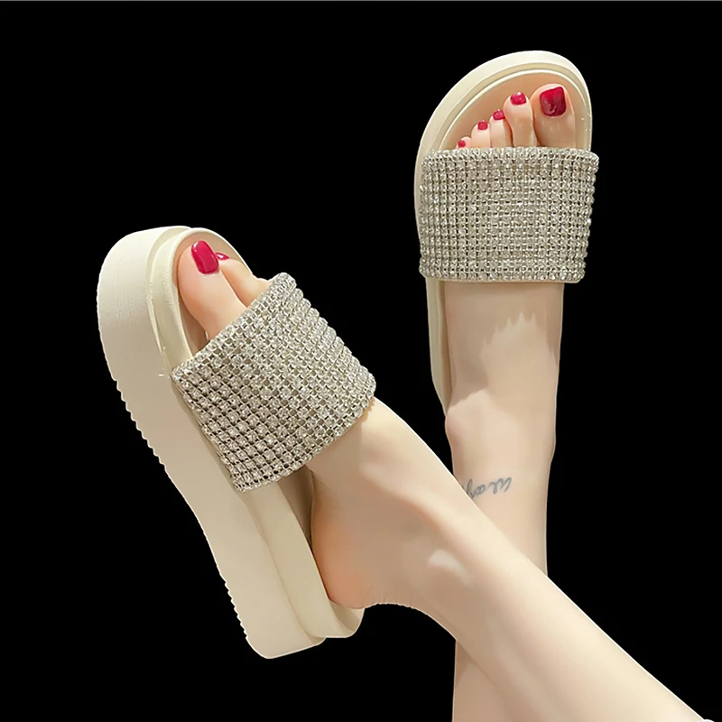 Rimocy Fashion Rhinestone Chunky Sandals Women Summer Thick Platform Wedges Slippers Woman Casual Non Slip Slide Sandals Female