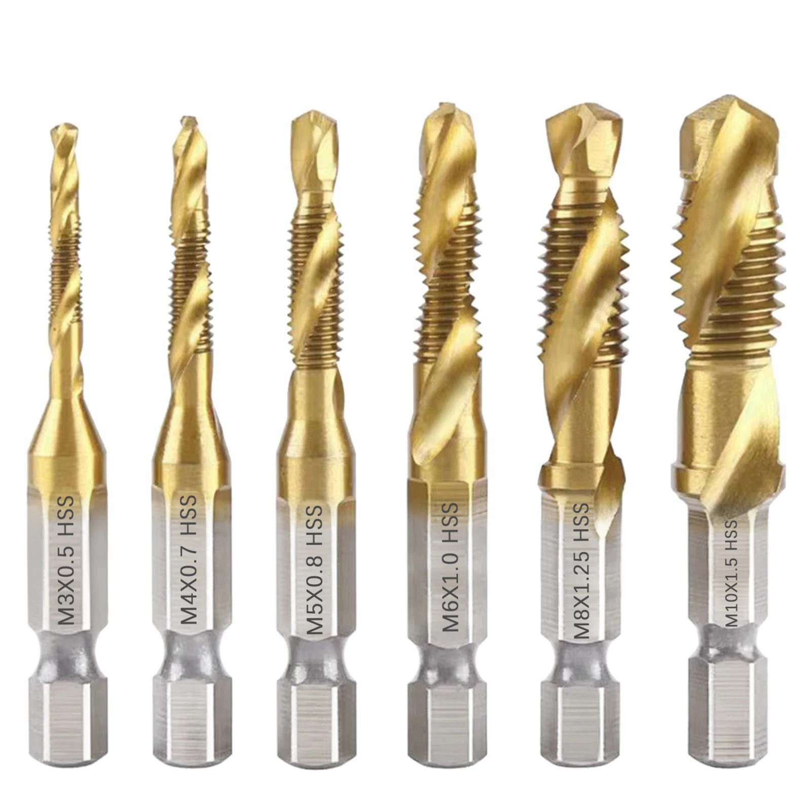 6Pcs HSS-4241 Titanium Coated Screw Tap Drill Bit Set M3 M4 M5 M6 M8 M10 Screw Thread Tools With 1/4\'\' Hex Shank For Metal Wood