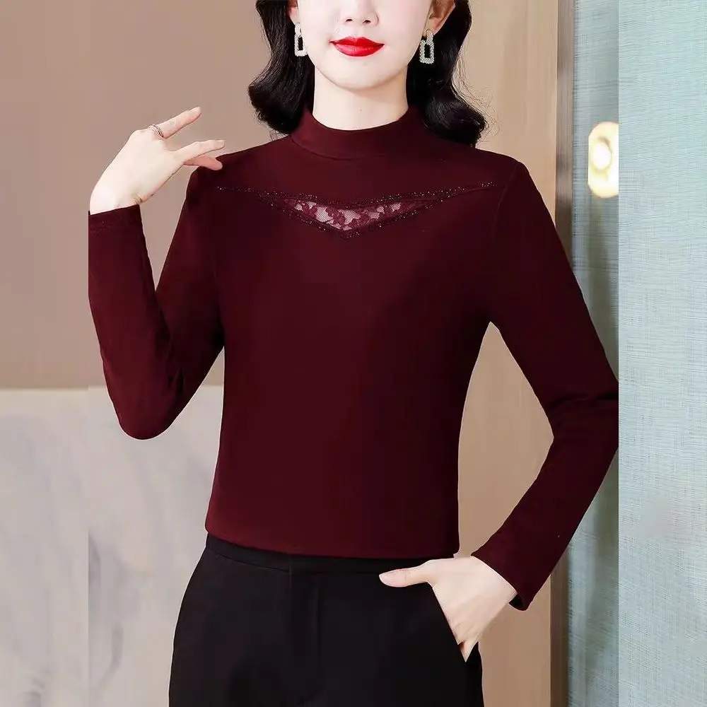 بلوزة نسائية أنيقة مع دانتيل بتفاصيل الياقة المدورة وأكمام طويلة بقصة ضيقة لملابس الربيع والخريف #4