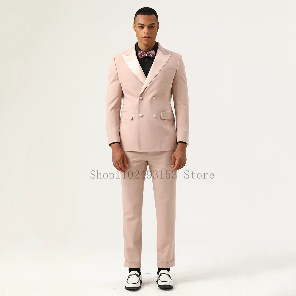 2023 New Fashion Pink Men Suits Slim Fit Peak Lapel Double Breasted 2 Pieces Male Tuxedos For Wedding Blazer Pants Costume Homme