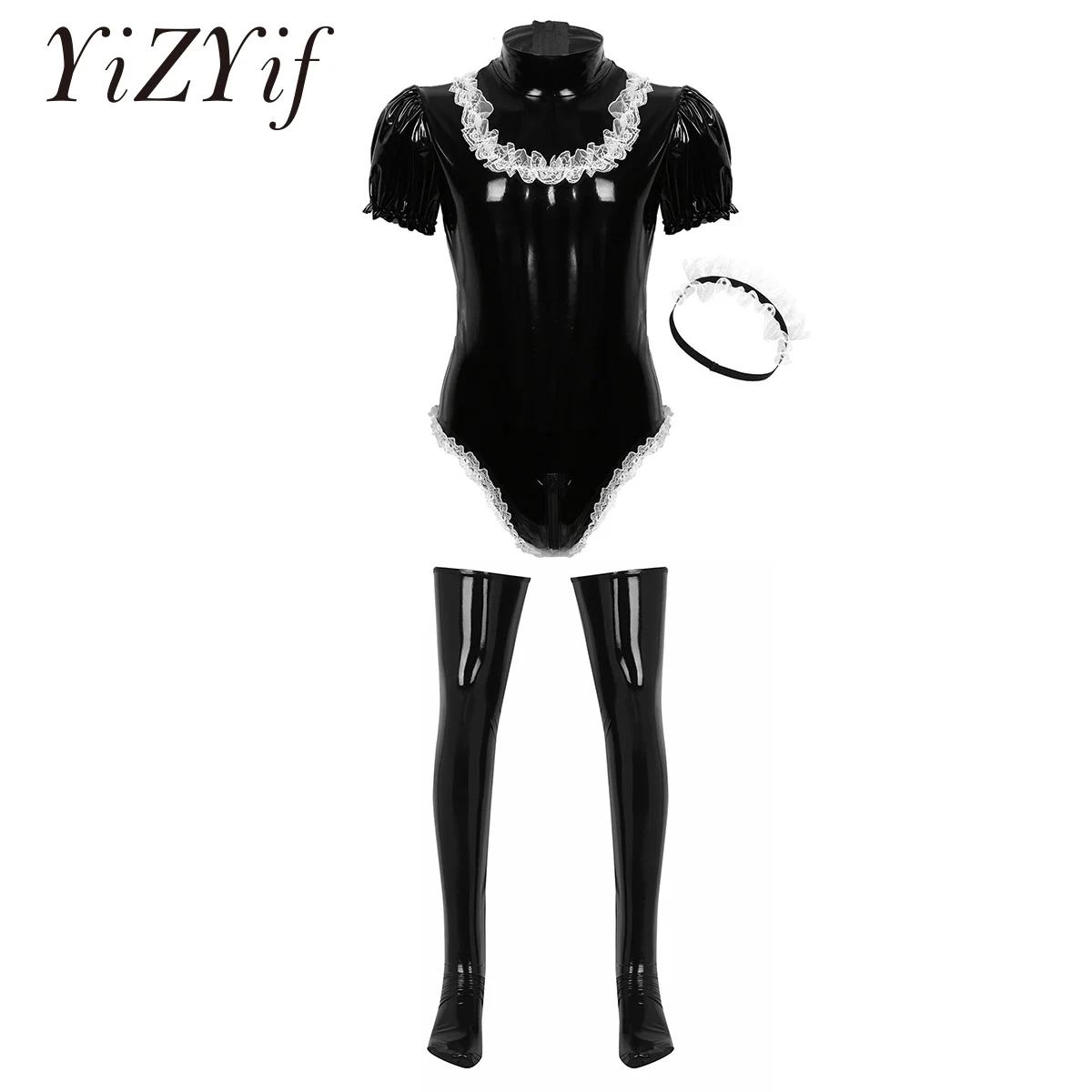 Body de Cosplay de Sissy Maid para hombre, conjunto de medias con diadema de encaje, lencería Sexy de cuero de látex, ropa de noche para discoteca