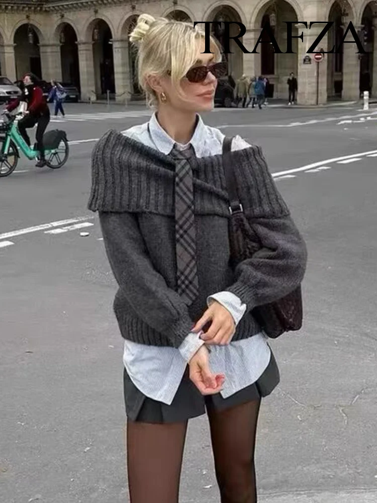 

HH женский осенний модный винтажный пуловер на одно плечо с лацканами, женский элегантный свободный повседневный вязаный топ с длинными рукавами