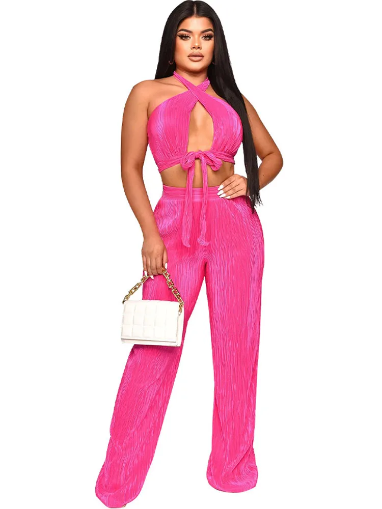 

Sexy Pleated Bandage Two Piece Clubwear Set Women For Party Short Halter Tops And Pants Backless Night Club Sexy Outfits Sets