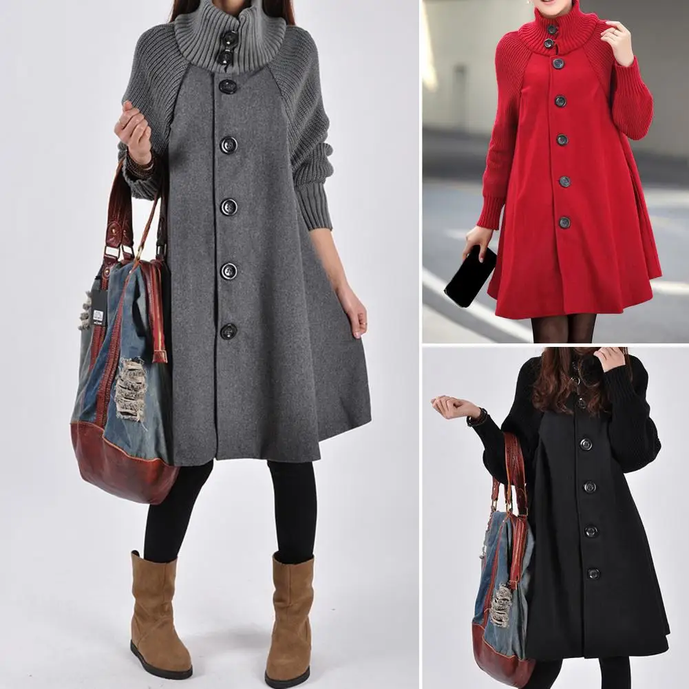 Women Coat A line Single breasted Loose High Collar Big Buttons Neck Solid Color Plus Size Autumn Coat for Work