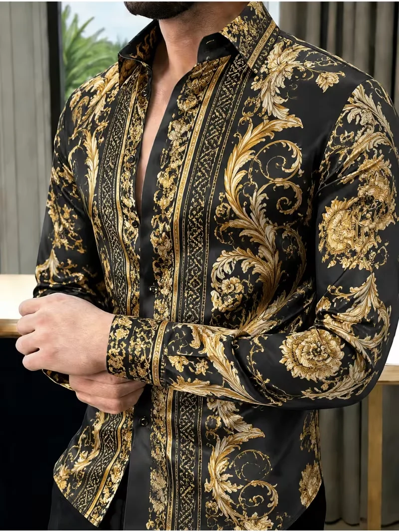 New black retro coffee floral vine print shirt with elegant and luxurious men's slim fit long sleeved shirt