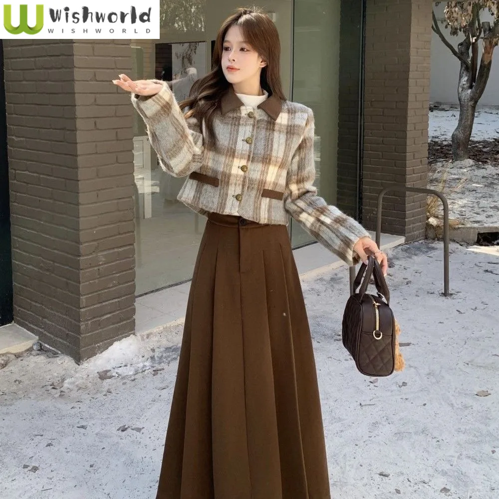 

Fashion Women's Set Autumn and Winter Korean Version Thick Woolen Short Jacket Pleated Long Skirt High-end Two-piece Set