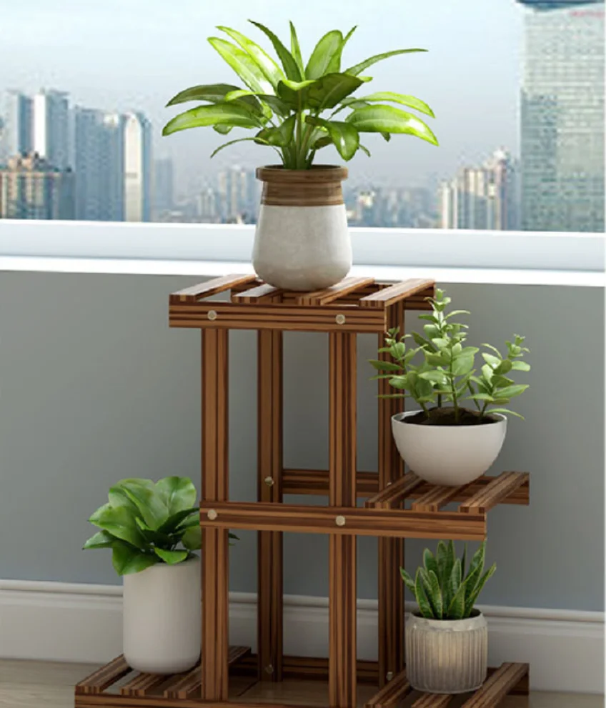 Soporte de flores de 3 niveles para plantas, estante de madera maciza para decoración de sala de estar de piso a techo, soporte de maceta de flores