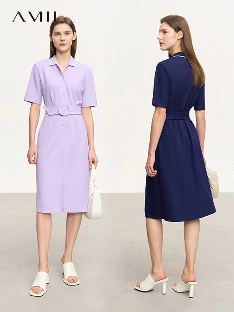 AMII Minimalism Office Lady Dresses 2023 Summer Cool Feeling Women's Dress Turndown Collar with Belt Female Vestidos 12352010