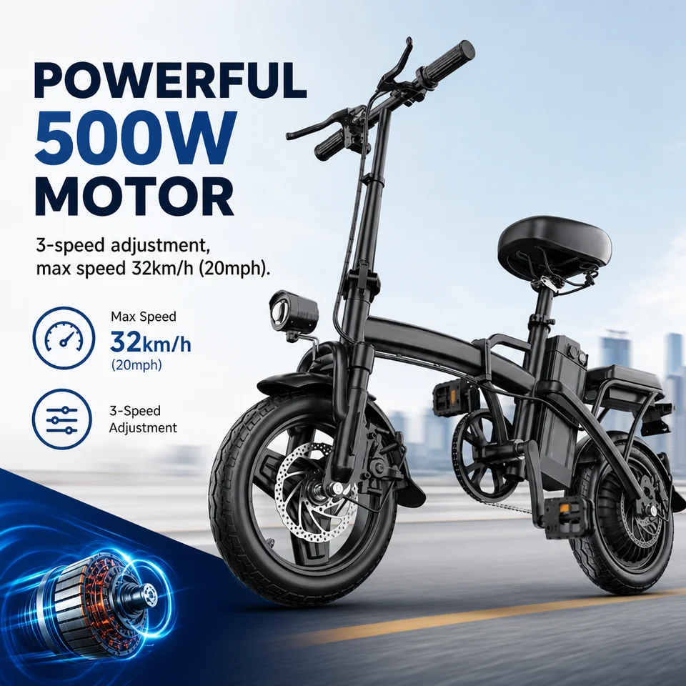 Compact 14" 500W Folding Electric Bike 3 Riding Modes, 32km/h Top Speed, 30km Pedal-Assist Range, 150kg Max Load, 160mm Disc Brakes, 6H Fast Charge, 20% Hill Climb, Universal 150-180cm Fit, Lightweight 22.8kg E-Bicycle image 4