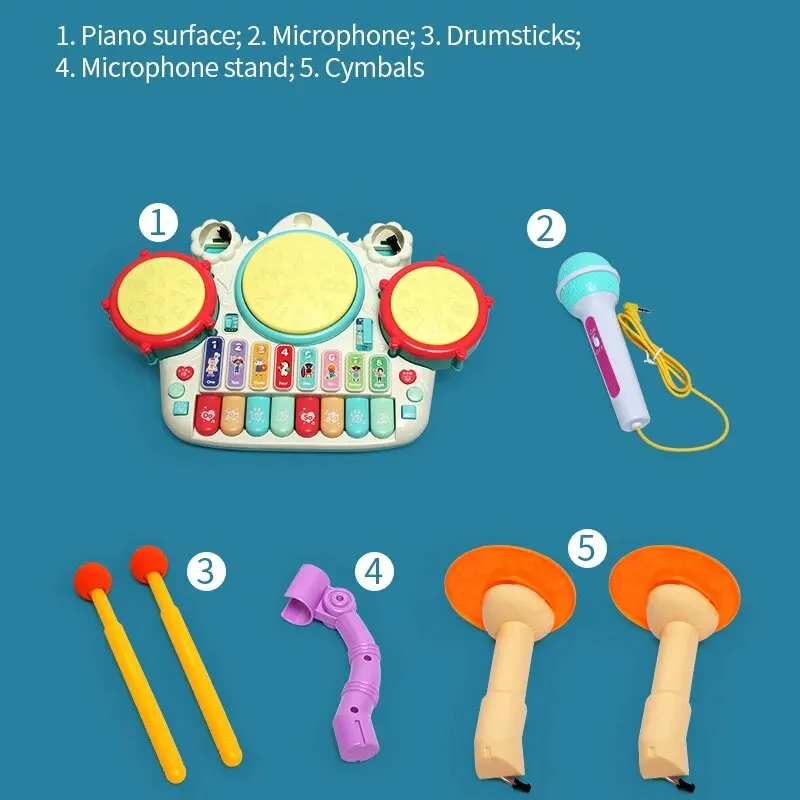 Ensemble de batterie jouet pour enfants, instruments de musique, lumières de microphone, clavier de piano, jouets d'apprentissage précoce, enfants, fille de 3 ans