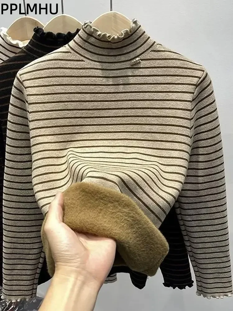 

Plush Thickened Striped Knitted Sweater Women's Casual Slim Knitwear Pullover Fashion Half High Collar Bottom Jumpers Sueter