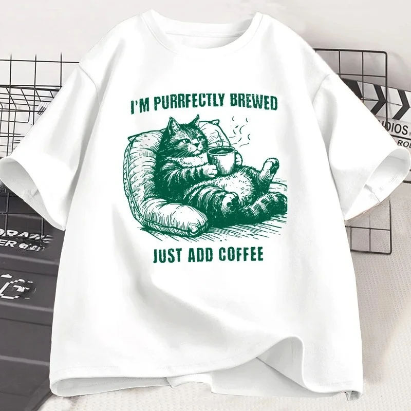 

Retro Funny Cat Coffee Graphic T-Shirt Cat Lovers Retro Women T Shirt Short Sleeved Casual Neck Tees Aesthetic Summer Streetwear