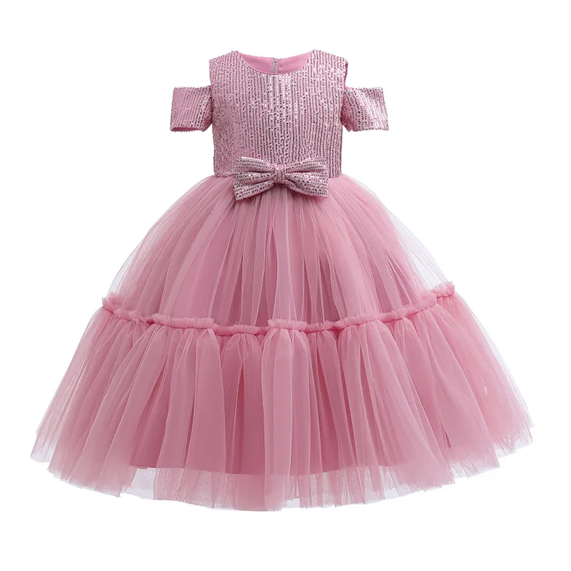 New Children\'s One Shoulder Sequins Wedding Dress Dress School Chorus Performance Host Piano Performance Poncho Dress