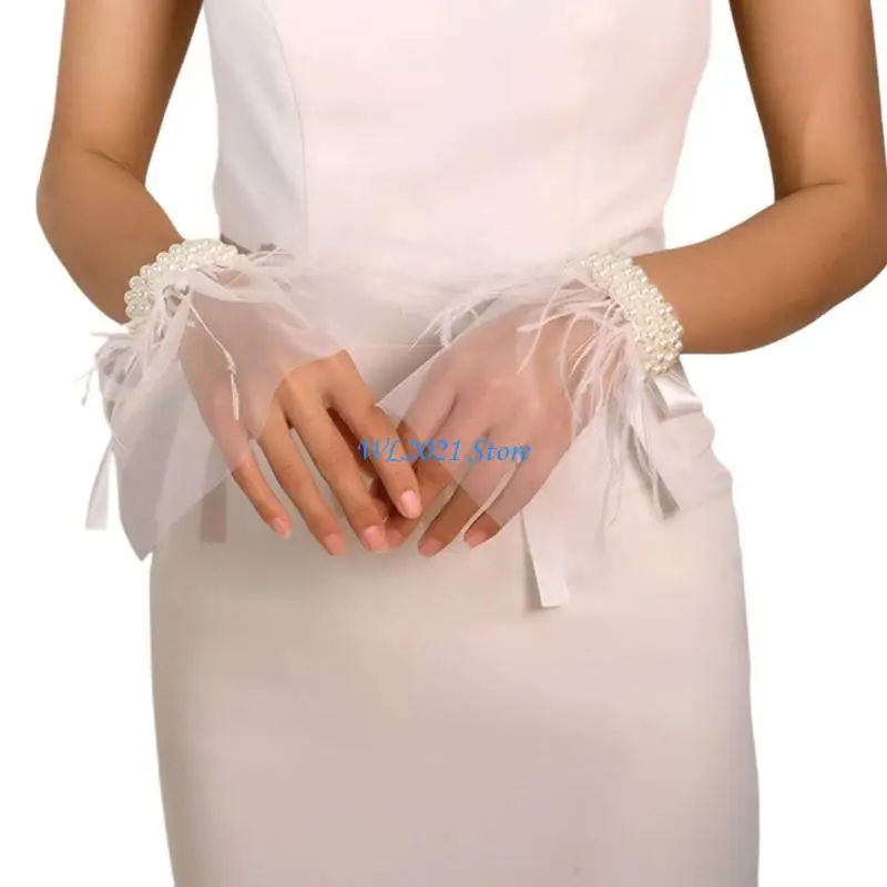 

G5GC Stylish Pearls Gloves Adjustable Laceup Bridal Shower Gloves Wedding Accessory