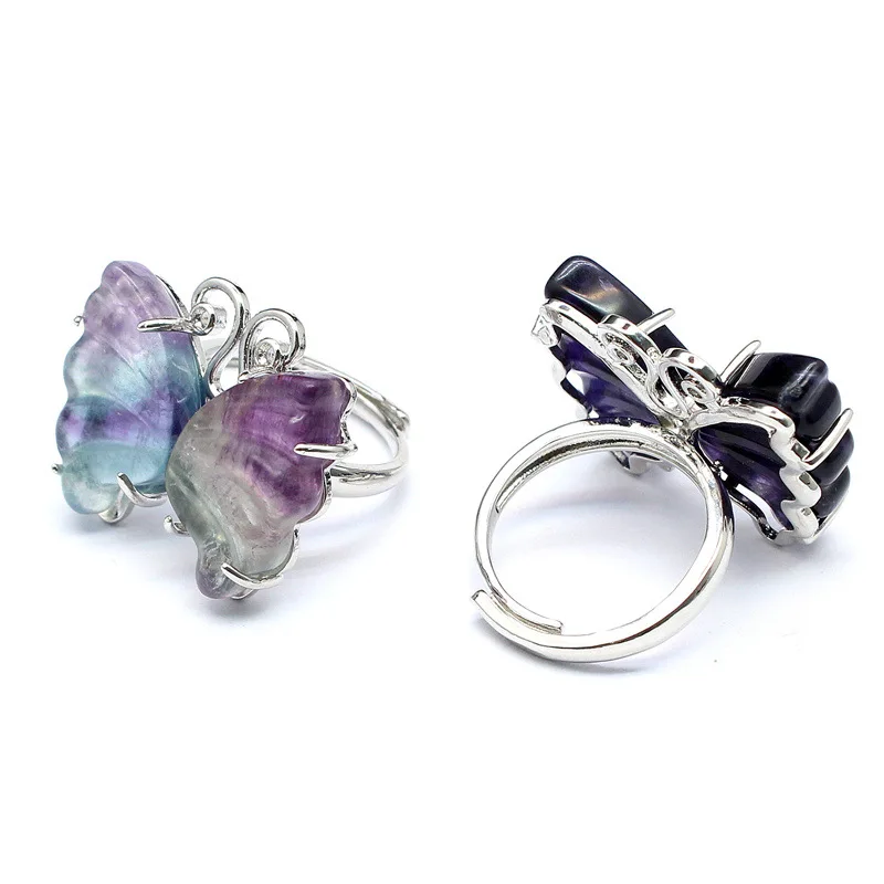 Reiki Healing Natural Crystal Coloorful Fluorite Butterfly Adjustable Ring for Women Fashion Jewelry Gift