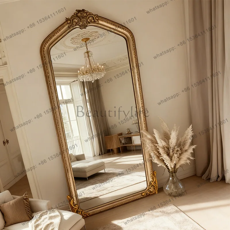 

French retro full body mirror home floor mirror designer carved wall hanging high definition