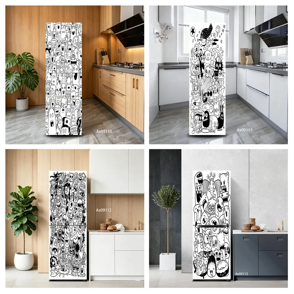 Black‑White Line Art Doodle Monster Fridge Sticker Full Door Covered Wallpaper Self-adhesive Sticker for Wall Decals Home Decor