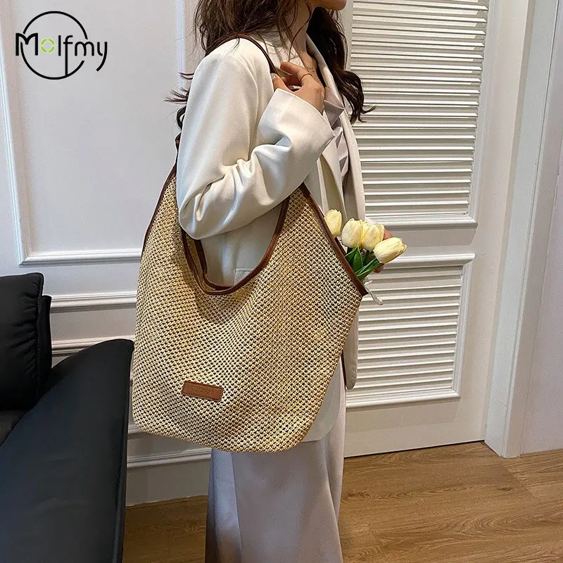 

Летняя соломенная сумка-тоут 2026 для женщин, плетеная пляжная сумка через плечо, легкая хлопково-льняная сумка в стиле бохо с ажурным узором