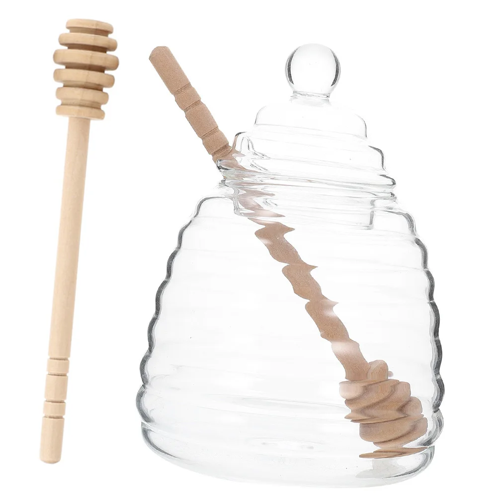 

1Set Glass Honey Container with Wooden Dipper Clear Honey Storage Holder Decorative Syrup Dispenser for Home Coffee Tea