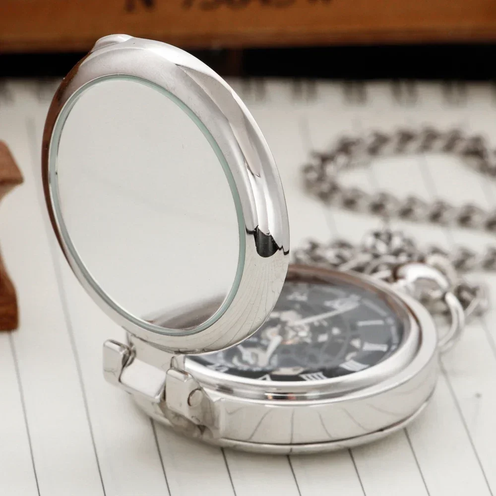 Fashion Silve Personality Mens Mechanical Hand Wind Pocket Watch with Chain Steampunk Vintage Pocket Fob Watch PJX1749