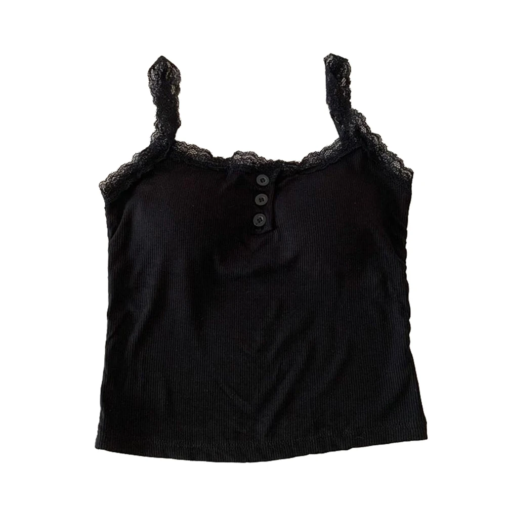 Koronkowy Tank Top Dla Kobiet Moda Bezrękawnik Slim Crop Top Camisole Kamizelka Strappy Tops Moda Slim Guziki Damska Odzież Podstawowa