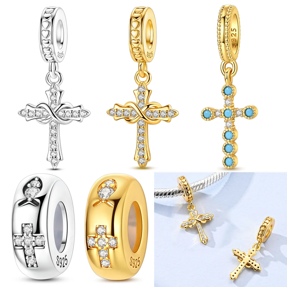 

Golden Love Heart Cross Charms Bead 925 Sterling Silver CZ Zircon Sparkling Dangle Fit Original Bracelet DIY Jewelry Gift