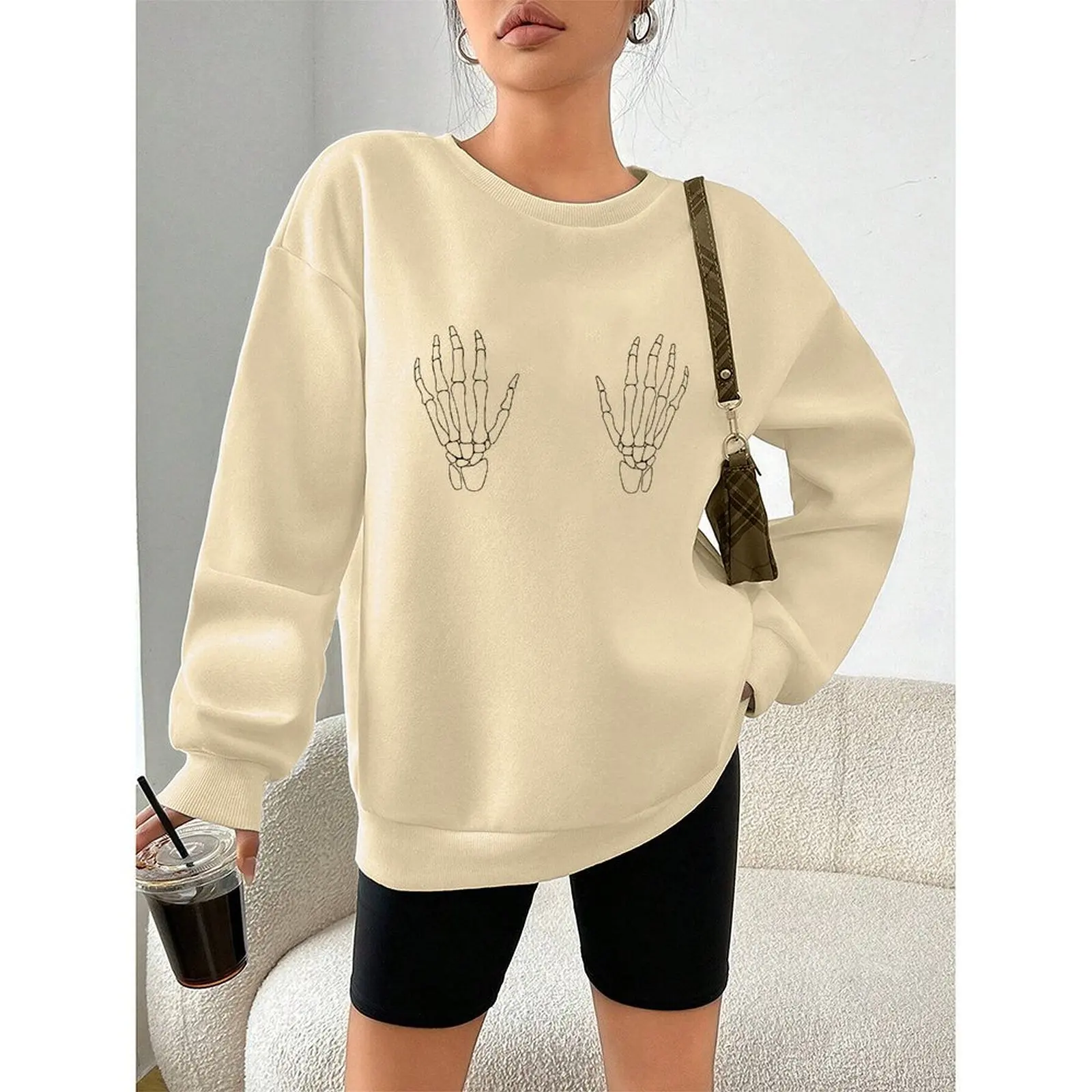 

Women’s Autumn Winter Velvet Sweatshirt Long Sleeve Round Neck Pullover With Humorous Skeleton Design Casual Loose Fit Warm Tops