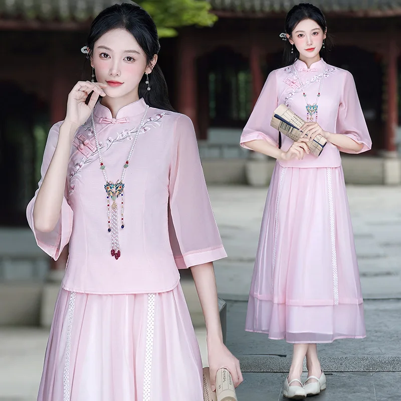 

Pink Standing Collar Retro Tang Suit Embroidered Hanfu Top Chinese Traditional Dress Fashion Party Elegant Cheongsam M-4XL