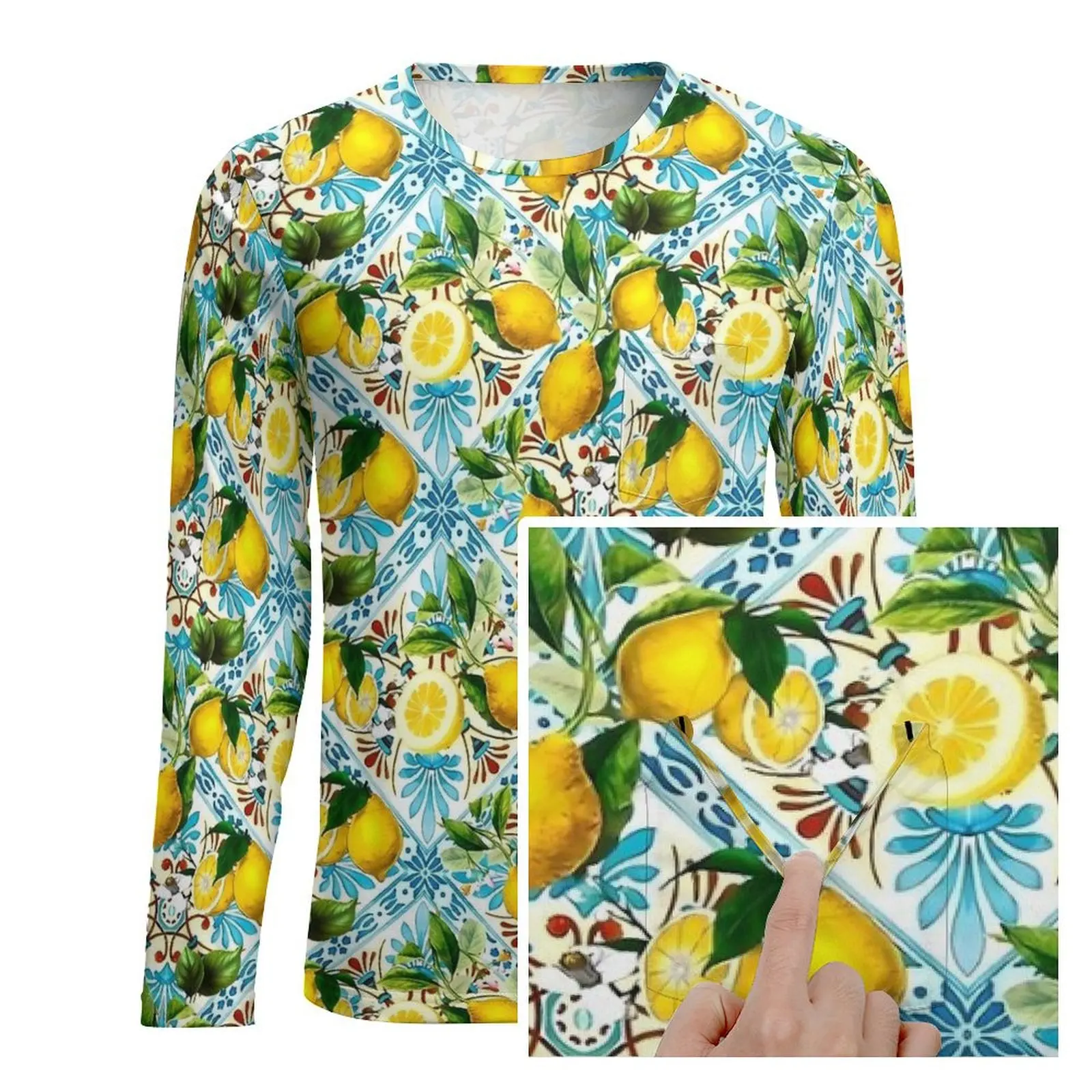 Retro Mosaic Lemon T-Shirt With Pocket Sicilian Tiles Trending T Shirts Men Essential Tee Shirt Long Sleeve Pattern Tees