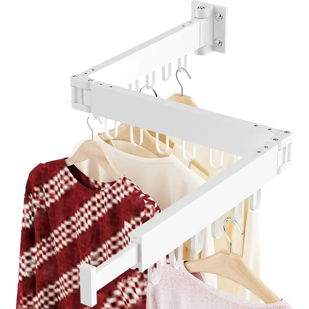 

Wall Mounted Space-Saving Drying Rack, Collapsible Foldable Laundry Rack with 18 Hooks, Indoor/Outdoor, White