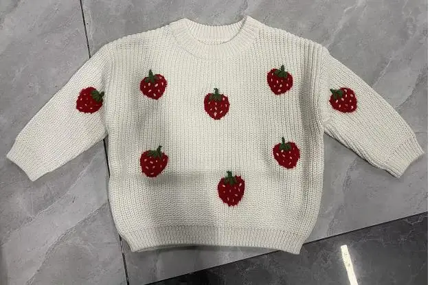 Toddler Girls Sweater Strawberry Embroidered Long Sleeve Pullovers Fall Winter Kids Clothes Baby Jumpers Tops