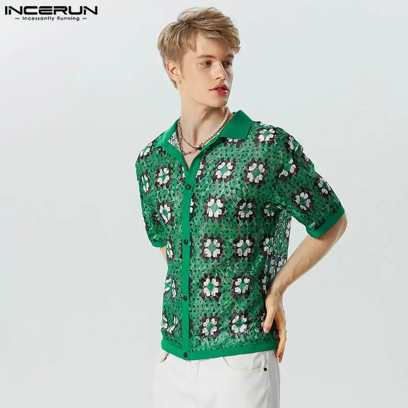 2023 Men Shirt Print Lace Patchwork See Through Lapel Short Sleeve Fashion Button Men Clothing Streetwear Camisas S-5XL INCERUN