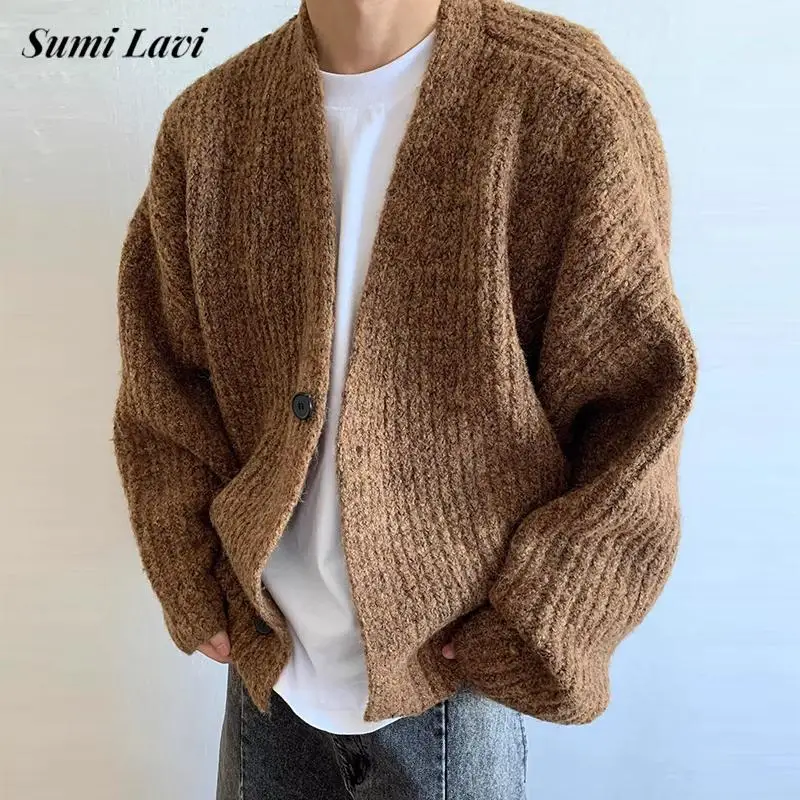 

Повседневные однотонные мужские свитера для отдыха, осень-зима, повседневные кардиганы на пуговицах с v-образным вырезом, мужские винтажные вязаные куртки, пальто