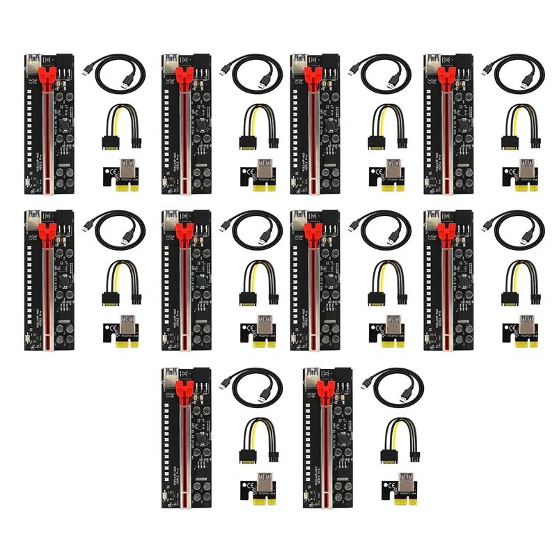 

10 Pcs Ver12 Pro PCIE Riser 1X to 16X Graphic Extension with 3528 Colorful Flash LED for BTC Mining Power Adapter Card