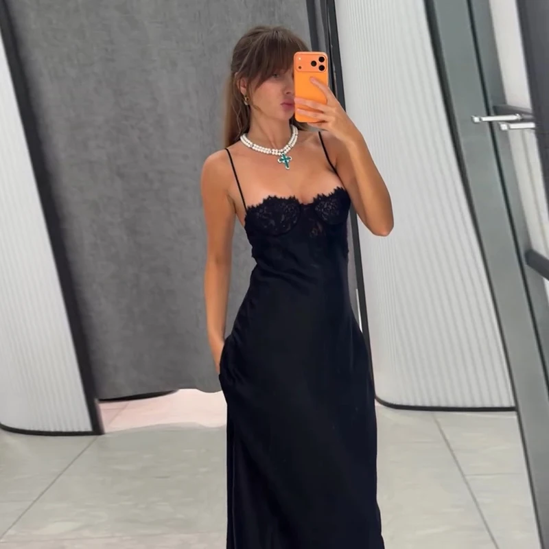2026 Sommer Herbst Sexy Spitzen-Patchwork Damen Langes Kleid Mode Trägerkleid mit Schräghals Hüftbetontes Kleid für den Urlaub – Detail 3