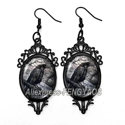 2024 New Raven Crow Stained Glass Dangle Earring Black Lace Earrings Oval Glass Photo Jewelry Gifts for Halloween Day